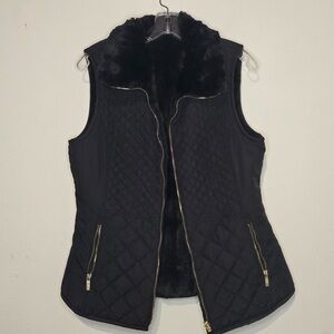 Calvin Klein Reversible Black Faux Fur Quilted Vest Gold Zip L